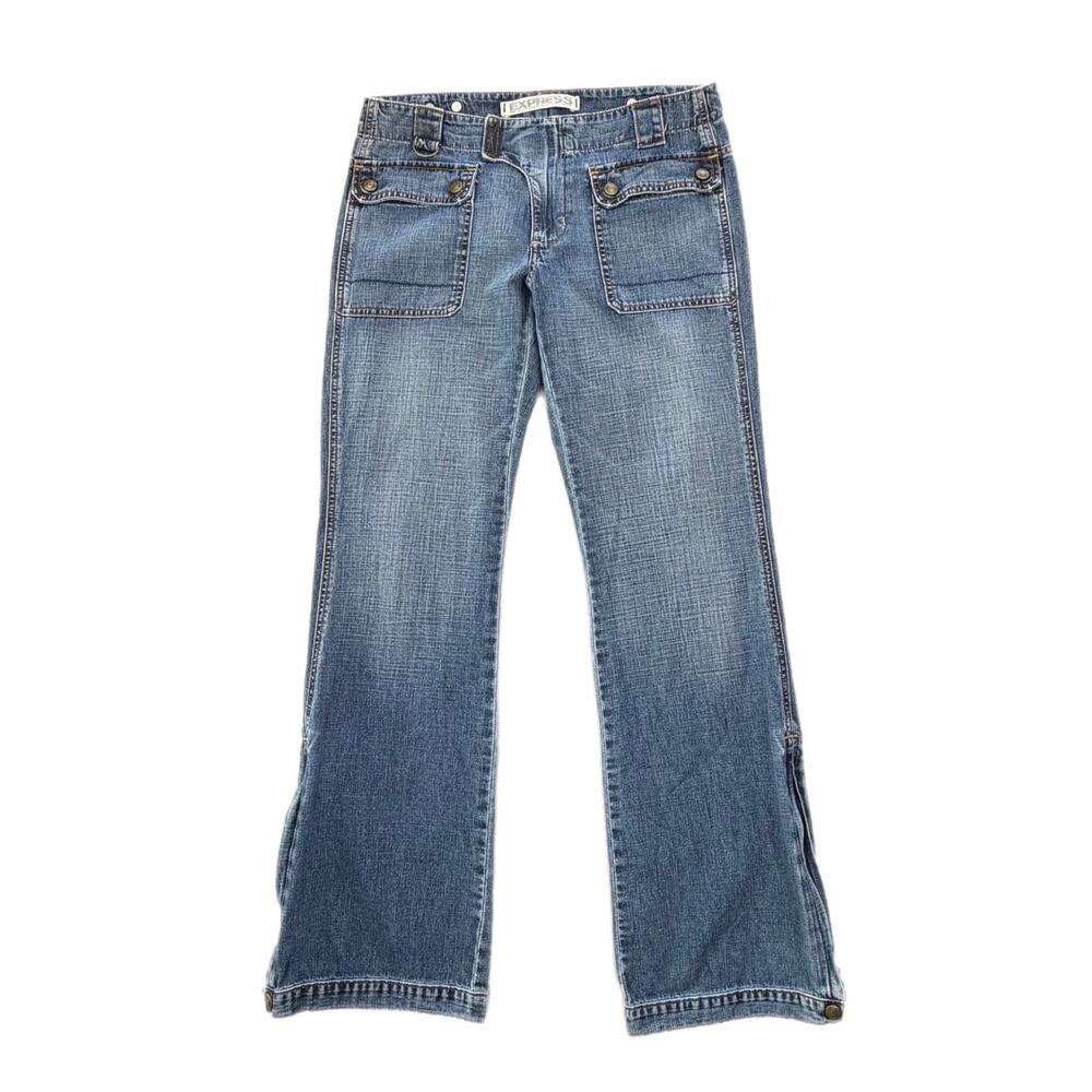 Express Dark Wash Low Rise Utility Flare Y2K Indie Grunge Streetwear Denim Jeans